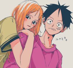  1boy 1girl alternate_costume black_hair blush casual closed_mouth commentary_request grey_background hand_on_another's_shoulder hebi_d_hebi long_hair looking_at_viewer monkey_d._luffy nami_(one_piece) one_piece orange_hair pink_shirt scar scar_on_cheek scar_on_face shirt short_hair short_sleeves simple_background sparkle upper_body 