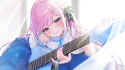  1girl bare_shoulders blue_eyes blue_jacket blue_nails blue_necktie braid collared_shirt colored_tips commentary_request commission guitar hair_ornament hair_ribbon hairclip highres holding holding_guitar holding_instrument indie_virtual_youtuber instrument jacket jewelry light_rays long_hair long_sleeves looking_at_viewer multicolored_hair necktie off_shoulder open_clothes open_jacket pink_hair plaid_ribbon playing_instrument ribbon ring rkc second-party_source shirt skeb_commission sleeveless sleeveless_shirt smile solo sunlight tansansui_(vtuber) upper_body virtual_youtuber white_shirt 