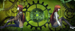  arm_belt artist_request belt black_pantyhose black_shorts blue_eyes boots breasts brown_hair brown_jacket brown_skirt collared_shirt from_side gears green_background hair_between_eyes hair_over_shoulder high-waist_skirt high_heels impossible_clothes jacket jacket_partially_removed knee_up leather_belt long_hair long_sleeves makise_kurisu necktie official_art pantyhose pantyhose_under_shorts purple_trim red_hair red_necktie sample_watermark science_adventure shiina_kagari shirt shoes shorts sitting skirt small_breasts steins;gate steins;gate_0 violet_eyes watermark white_belt white_shirt white_shoes yellow_trim 