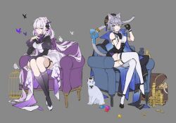  2girls absurdres alternate_costume animal animal_ears animal_print ankle_strap arm_strap armchair beret bird birdcage black_butterfly black_cape black_gloves black_hat black_ribbon black_shirt black_shoes black_shorts black_socks blue_cape blue_eyes blue_gem blue_ribbon braid breasts bug butterfly butterfly_hair_ornament butterfly_print cage cape castorice_(honkai:_star_rail) cat cat_ears cat_girl cat_tail chair cipher_(honkai:_star_rail) clothed_animal coin coin_stack collared_shirt commentary crossed_legs dove dress elbow_rest expressionless flower frilled_sleeves frills full_body garter_straps gem gloves gold_coin grey_background grey_hair hair_flower hair_flowing_over hair_intakes hair_ornament hair_ribbon hairclip hand_to_own_mouth hands_up hat high-low_dress high-waist_shorts high_heels highres holding holding_coin honkai:_star_rail honkai_(series) index_finger_raised juliet_sleeves large_breasts legs_together long_hair long_sleeves looking_at_viewer low-tied_long_hair low_twintails multiple_girls nail_polish neck_ribbon papajay_(jennygin2) parallel_hairclips parted_lips pinstripe_dress pinstripe_pattern pointy_ears pouch puffy_sleeves purple_butterfly purple_dress purple_gem purple_hair purple_nails purple_ribbon red_gem ribbon shirt shoes short_hair short_shorts shorts side-by-side side_braid side_cape sidelocks sideways_glance simple_background sitting sleeveless sleeveless_shirt smile socks strapless strapless_dress suspender_shorts suspenders tail tail_ornament tail_raised tail_ribbon tail_ring thigh-highs thigh_strap treasure_chest twintails two-sided_cape two-sided_dress two-sided_fabric untranslatable_commentary very_long_hair violet_eyes white_cat white_dress white_shirt white_shoes white_thighhighs yellow_gem 