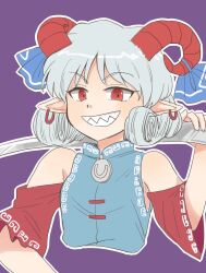  1girl blue_dress commentary_request cropped_torso curly_hair detached_sleeves dress earrings grin highres hijiki_(hijiri_st) holding holding_spoon hoop_earrings horn_ornament horn_ribbon horns jewelry looking_at_viewer outline oversized_object pointy_ears purple_background red_eyes red_horns red_sleeves ribbon sharp_teeth sheep_horns smile solo spoon teeth touhou toutetsu_yuuma white_outline 