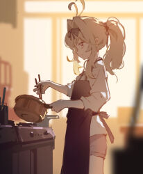 1girl ahoge apron black_bow blonde_hair bow brown_eyes chigalidepoi chopsticks commentary_request cooking cowboy_shot from_side hair_bow hair_intakes meitantei_precure! moria_luluka oven ponytail precure shirt shorts smile solo standing sunlight white_shirt