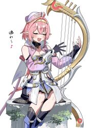  aisiling_(starward) bare_shoulders boots breasts commentary_request detached_sleeves fingerless_gloves gloves hairband harp highres instrument knees kopezo long_hair low_ponytail miniskirt pink_hair ponytail skirt socks starward 