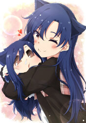  2girls ;) black_shirt blue_hair blush brown_eyes chihyaa closed_mouth commentary_request from_side heart hitotsuki_nanoka holding_chibi hug idolmaster idolmaster_(classic) kisaragi_chihaya long_hair long_sleeves looking_at_viewer looking_to_the_side multiple_girls one_eye_closed puchimasu! shirt smile turning_head upper_body 