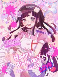 1girl apron balloon bandaged_arm bandaged_leg bandages bandaid bandaid_on_knee bandaid_on_leg blood blood_splatter blue_skirt blush collared_shirt commentary_request crossed_bandaids cupcake danganronpa_(series) danganronpa_2:_goodbye_despair dated drink_carton eyelashes fingernails food fruit hand_on_own_knee happy_birthday heart heart-shaped_bandaid highres long_hair milk milk_carton mole mole_under_eye open_mouth pill pink_blood pink_shirt purple_hair shirt short_sleeves sitting skirt smile solo strawberry syringe teeth tsumiki_mikan twitter_username upper_teeth_only uyuuuu00000 violet_eyes white_apron 