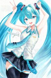  1girl absurdres aqua_eyes aqua_hair artist_name black_skirt commentary_request double_v hands_up happy hatsune_miku highres open_mouth skellychan skirt sleeveless thigh-highs twintails v vocaloid white_background 