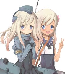  2girls black_dress black_one-piece_swimsuit blonde_hair blue_eyes blue_sailor_collar bodysuit commentary_request cropped_jacket diving_suit dress dual_persona garrison_cap hair_ornament hat highres jewelry kantai_collection multiple_girls mushi_gyouza one-piece_swimsuit one-piece_tan rigging ro-500_(kancolle) sailor_collar school_swimsuit swimsuit swimsuit_under_clothes tan tanlines u-511_(kancolle) v wetsuit 