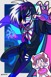  1boy 1girl :o artist_name black_hair black_jack_(character) black_jack_(series) black_jacket blue_cape border bow brown_hair cape cheek_squash claw_pose collared_shirt commentary_request dulrururudu fangs foot_out_of_frame grass hair_bow hair_over_one_eye hands_on_own_cheeks hands_on_own_face hands_up highres house jacket jitome korean_commentary leg_up long_sideburns long_sleeves looking_at_viewer male_focus multicolored_hair multiple_hair_bows neck_ribbon neon_palette notice_lines open_mouth outside_border patchwork_skin pink_ribbon pinoko red_bow red_eyes ribbon ringed_eyes scar scar_on_face shirt short_hair sideburns smile split-color_hair stitched_face stitches thick_eyebrows twitter_username two-tone_hair v-shaped_eyebrows white_border white_hair white_shirt wing_collar 