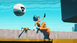  1girl absurdres arm_up bare_arms blue_hair blue_sky boots chainsword color_contrast commentary concrete day dithering english_commentary engrish_commentary fingerless_gloves foot_dangle from_side gloves hand_on_ground head-mounted_display highres jumpsuit knee_up looking_at_hand looking_up marianealiux messy_hair midair motorslice on_roof on_rooftop orange_jumpsuit orb orbie outdoors p_(motorslice) pixel_art robot short_hair signature single_fingerless_glove sitting sitting_on_roof sky sleeveless_jumpsuit sword turtleneck_jumpsuit weapon weapon_on_floor 