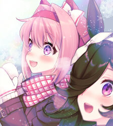  2girls animal_ears blush bow bow_hairband brown_hair coat ear_bow ear_covers flipped_hair flower-shaped_pupils flower_in_eye hair_over_one_eye hairband haru_urara_(umamusume) headband highres horse_ears horse_girl long_hair mittens multiple_girls open_mouth pink_eyes pink_hair pink_headband ponytail red_headband rice_shower_(umamusume) scarf smile snow snowing symbol-shaped_pupils symbol_in_eye teeth tsurugi_hikaru umamusume upper_teeth_only violet_eyes winter_clothes winter_coat 