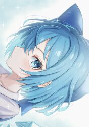  1girl absurdres blue_bow blue_eyes blue_hair blue_vest bow cirno closed_mouth collared_shirt commentary highres katsukare looking_at_viewer shirt short_hair sideways solo sparkle touhou vest white_shirt 