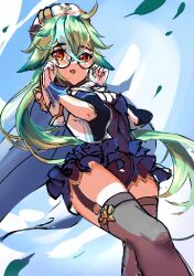  1girl black-framed_eyewear black_bodysuit blue_bodysuit blue_gloves blue_shrug blue_sky blush bodysuit breasts brown_thighhighs cowboy_shot cupi_chan day double-parted_bangs falling_leaves frilled_bodysuit from_below genshin_impact glasses gloves green_hair hair_between_eyes hands_up hat highres leaf long_hair looking_at_viewer looking_down medium_breasts messy_hair multicolored_bodysuit multicolored_gloves multicolored_shrug open_mouth outdoors ponytail red_eyes semi-rimless_eyewear shrug_(clothing) sketch sky solo sucrose_(genshin_impact) thigh-highs three-quarter_sleeves two-tone_gloves two-tone_shrug under-rim_eyewear white_bodysuit white_gloves white_hat white_shrug wind zettai_ryouiki 