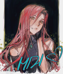  1girl absurdres alien_stage bare_shoulders black_dress black_gloves character_name commentary dress gbsaphira gloves green_eyes hair_between_eyes hand_on_own_face headset heart highres long_hair long_hair_between_eyes microphone mizi_(alien_stage) parted_lips pink_hair solo 