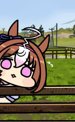  1girl @_@ ahoge animal_ears brown_hair chibi fence horse_ears horse_girl jazz_jack meisho_doto_(umamusume) multicolored_hair photo-referenced school_uniform solo streaked_hair tracen_school_uniform umamusume wooden_fence 