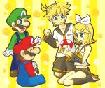  1girl 3boys artist_request brother_and_sister brothers detached_sleeves facial_hair gloves hair_ornament hair_ribbon hairclip hat headphones kagamine_len kagamine_rin luigi mario multiple_boys multiple_girls mushroom mustache navel open_mouth overalls ribbon shorts siblings smile super_mario_bros. super_mushroom twins vocaloid white_gloves zettai_ryouiki 