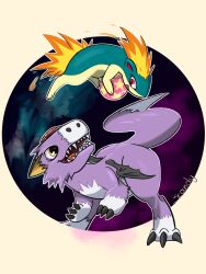  aqua_fur bat_wings brown_eyes claws commentary crossover digimon digimon_(creature) dorumon english_commentary highres mini_wings no_humans open_mouth pokemon pokemon_(creature) purple_fur quilava scandy sharp_teeth signature tail teeth two-tone_fur white_fur wings yellow_fur 