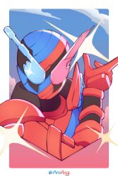  1boy absurdres arciarcy armor blue_armor blue_eyes blue_helmet commentary english_commentary helmet heterochromia highres kamen_rider kamen_rider_build kamen_rider_build_(rabbittank_form) kamen_rider_build_(series) red_armor red_eyes red_helmet solo tokusatsu upper_body 