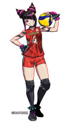  1girl ball black_hair black_shoes capcom commentary_request full_body grin hair_horns han_juri heterochromia highres holding holding_ball looking_at_viewer multicolored_hair official_art pink_hair red_shirt red_shorts second-party_source shirt shoes shorts smile solo sportswear street_fighter street_fighter_6 teeth two-tone_hair volleyball volleyball_uniform white_background 