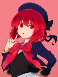  1girl arima_kana beret black_bow blue_hat blue_jacket bob_cut bow bowtie collared_shirt commentary eyelashes fuiyo hair_between_eyes hand_on_own_hip hand_up hat hat_bow huge_bow index_finger_raised jacket light_blush long_sleeves open_clothes open_jacket open_mouth oshi_no_ko pink_background red_bow red_bowtie red_eyes red_hair school_uniform shirt short_hair simple_background solo straight_hair tareme upper_body white_shirt youtou_high_school_uniform 