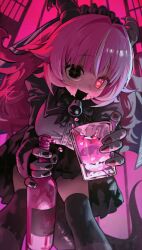  1girl absurdres black_bow black_dress black_eyes black_horns black_mouth black_tail black_thighhighs black_veil blush bottle bow breasts commentary cup dress drooling femme_soule glass gloves hair_intakes heart highres holding holding_bottle holding_cup horns large_breasts leaning_forward long_hair long_sleeves looking_at_viewer mismatched_pupils mixed-language_commentary multicolored_hair open_mouth pink_eyes pink_hair pukey_goddess_shot_trick shirt solo streaked_hair tail thigh-highs thighs two-tone_hair veil white_gloves white_shirt yona_(yoroyoro) 