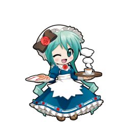  1girl :d ;d apron aqua_eyes aqua_hair black_outline blue_dress blush bow brown_bow brown_shoes chibi chibi_only cup dress food frilled_dress frills full_body game_asset hair_bow hat hatsune_miku hatsune_miku_graphy_collection holding holding_plate holding_tray juliet_sleeves long_dress long_sleeves looking_at_viewer maid mob_cap one_eye_closed open_mouth outline pancake plate puffy_sleeves saucer shoes smile solo standing tea teacup transparent_background tray victorian_maid vocaloid white_apron 