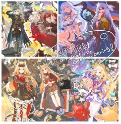  3girls absurdres alchemaniac animal_ears archetto_(arknights) archetto_(publicity_strategy)_(arknights) arknights bare_shoulders blonde_hair blue_eyes bow commentary english_commentary gloves grani_(arknights) grey_hair hair_between_eyes heterochromia highres horse_ears horse_girl lion_ears lion_girl long_hair midriff multiple_girls off_shoulder official_alternate_costume red_bow red_eyes skadi_(arknights) skadi_(waverider)_(arknights) skirt smile thigh_strap violet_eyes visor_lift white_gloves white_skirt 