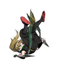  1girl ano_(sbee) black_pants blonde_hair blue_eyes dual_wielding earrings falling full_body green_scarf highres holding holding_weapon jewelry kunai long_hair ninja pants ponytail princess_peach princess_peach:_showtime! sandals scarf shoe_soles simple_background solo super_mario_bros. upside-down weapon white_background 
