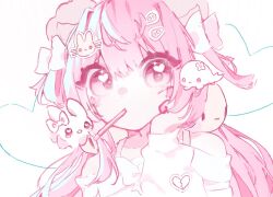  1girl animal_ears bare_shoulders bow broken_heart dog_ears dot_nose food food_in_mouth hair_between_eyes hair_bow hair_ornament hairclip heart long_sleeves nii-tuber off-shoulder_sweater off_shoulder original pink_eyes pink_hair pocky pocky_in_mouth portrait rabbit seal_(animal) simple_background solo sweater two_side_up white_bow 