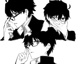  1boy adjusting_eyewear ahoge collared_shirt gakuran glasses hair_between_eyes hand_on_own_face looking_to_the_side male_focus messy_hair metarogu monochrome profile school_uniform shirt short_hair solo souya_high_school_uniform tohno_shiki tsukihime tsukihime_(remake) 