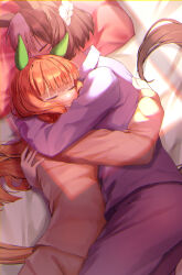  2girls animal_ears blunt_bangs braid brown_hair closed_eyes commentary_request ear_covers highres horse_ears horse_girl horse_tail hug long_hair long_sleeves lying multicolored_hair multiple_girls on_bed on_side orange_hair pajamas pants pillow pink_pajamas pink_pants pink_shirt purple_pajamas purple_pants purple_shirt shirt short_hair silence_suzuka_(umamusume) sleeping special_week_(umamusume) tabunshake tail two-tone_hair umamusume white_hair yuri 