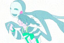  adversarial_noise blush_stickers box bracelet charlotte_emily closed_eyes commentary_request five_nights_at_freddy's gift gift_box green_eyes green_overalls highres holding holding_box holding_hands jewelry korean_commentary long_sleeves open_mouth overalls shirt smile striped_clothes striped_shirt the_puppet_(fnaf) yu_(user_yubyul) 