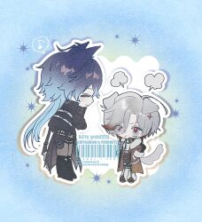  2boys absurdres animal_ears antenna_hair black_boots black_capelet black_gloves black_pants blue_eyes blue_hair boots brown_coat capelet chest_harness chibi closed_eyes closed_mouth coat commentary dog_ears dog_tail flins_(genshin_impact) fox_ears full_body fur-trimmed_coat fur_trim genshin_impact gloves gradient_hair grey_hair grey_pants hair_between_eyes hand_on_own_chest hand_on_own_hip happy harness highres illuga_(genshin_impact) leg_warmers long_hair long_sleeves male_focus mole mole_under_eye multicolored_eyes multicolored_hair multiple_boys pants pout purple_sash red_hair sash smile strap streaked_hair tail thigh_strap twitter_username two-tone_hair untranslatable_commentary 