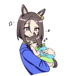  2girls air_groove_(umamusume) animal_ears baby blue_shirt carrying carrying_baby carrying_person chopin_(racehorse) hair_ornament horse_ears horse_girl horse_tail looking_at_another multiple_girls musical_note one_of_agnes_digital shirt spoken_musical_note tail umamusume zzz 