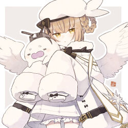  1girl :< animal ark_kan azur_lane black_bow bloomers blush bow braid braided_hair_rings brown_hair closed_mouth coat commentary_request dress feathered_wings gremyashchy_(azur_lane) hair_between_eyes hair_rings hat hat_bow long_sleeves looking_at_viewer seal_(animal) signature simple_background single_hair_ring sleeves_past_fingers sleeves_past_wrists white_bloomers white_coat white_dress white_hat white_wings wings yellow_eyes 