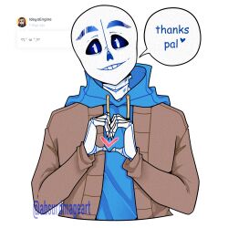  1:1 1boy 2020 2d absurdmage artist_name blue_hoodie brown_cardigan cardigan comic_sans commentary cropped_torso digital_media drawstring english_commentary english_text head_tilt heart heart_hands heart_in_heart_hands highres hollow_eyes hood hood_down hoodie humanoid ko-fi long_sleeves looking_at_viewer male male_focus male_only monster monster_boy open_cardigan open_clothes sans_(undertale) screenshot_inset simple_background skeleton solo speech_bubble straight-on teeth text twitter_username undead undertale utdr_(toby_fox) white_background 