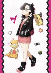  1girl 2_saya absurdres backpack bag black_boots black_choker black_hair black_jacket boots choker closed_mouth commentary_request dress dusk_ball eyelashes green_eyes hair_ribbon hand_in_pocket highres jacket korean_commentary marnie_(pokemon) medium_hair morpeko morpeko_(full) open_clothes open_jacket pink_dress poke_ball pokemon pokemon_(creature) pokemon_sword_and_shield red_bag ribbon scraggy sparkle 