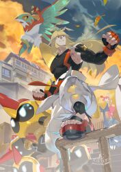  1boy absurdres artist_name autumn_leaves black_gloves black_shirt blonde_hair chinese_commentary commentary_request e_volution elbow_gloves falinks falling_leaves fingerless_gloves gloves hawlucha heracross highres ivor_(pokemon) leaf long_hair looking_to_the_side male_focus medicham mega_falinks mole mole_under_mouth muscular muscular_male pants pokemon pokemon_(creature) pokemon_legends:_z-a red_eyes sandals shirt sleeveless sleeveless_shirt smile white_pants 