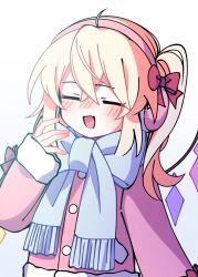  1girl alternate_costume blonde_hair blue_scarf blush bow commentary_request contemporary crystal crystal_wings earmuffs facing_viewer fang flandre_scarlet fur-trimmed_jacket fur-trimmed_sleeves fur_trim hair_bow highres illust_atelier3 jacket long_hair long_sleeves multicolored_wings one-hour_drawing_challenge one_side_up pink_jacket red_bow scarf scarf_bow signature skin_fang solo touhou upper_body wings winter_clothes 