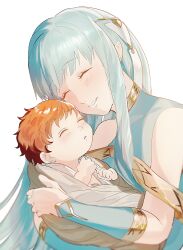  1boy 1girl baby baby_carry bare_shoulders blue_dress blue_hair blush carrying carrying_baby carrying_person closed_eyes commentary dress fire_emblem fire_emblem:_the_binding_blade fire_emblem:_the_blazing_blade hair_ribbon happy_tears highres long_hair mimummom mother_and_child mother_and_son ninian_(fire_emblem) open_mouth orange_hair parent_and_child ribbon roy_(fire_emblem) short_hair smile tears untranslatable_commentary upper_body very_long_hair white_background white_ribbon 