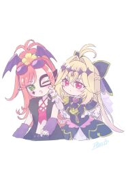  2girls ageseine antenna_hair arm_warmers bat_hair_ornament black_arm_warmers black_capelet blonde_hair brooch capelet cheek_poking closed_mouth commentary_request cross cross_facial_mark cure_arcana_shadow diamond_hairband dot_mouth eye_mask facial_mark frilled_capelet frilled_cuffs frills fur_arm_warmers fur_dress hair_intakes hair_ornament half_eye_mask heart heart_brooch highres hiu_doll_k3s jewelry long_hair looking_at_another magical_girl mask meitantei_precure! moria_luluka multiple_girls one_eye_closed orange_hair pink_eyes pink_hair poking ponytail precure purple_veil purple_wrist_cuffs veil very_long_hair wrist_cuffs 