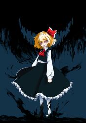  1girl absurdres ascot black_shoes black_vest blonde_hair collared_shirt commentary_request darkness eyamigusa8823 frilled_skirt frills full_body hair_ribbon highres long_sleeves mary_janes medium_hair open_mouth pantyhose red_ascot red_eyes red_ribbon ribbon rumia shirt shoes skirt skirt_set smile solo touhou umbrakinesis vest white_pantyhose white_shirt 