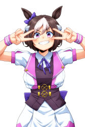 1girl :d animal_ears aono3 arms_up bow braid brown_hair collared_shirt commentary_request cowboy_shot double_v ear_bow grin highres horse_ears horse_girl horse_tail jacket looking_at_viewer medium_hair multicolored_hair neck_ribbon puffy_short_sleeves puffy_sleeves purple_bow purple_ribbon ribbon shirt short_sleeves simple_background skirt smile solo special_week_(special_dreamer)_(umamusume) special_week_(umamusume) tail two-tone_hair umamusume v v-shaped_eyebrows violet_eyes white_background white_hair white_jacket white_shirt white_skirt wristband 