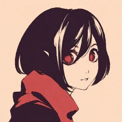  1girl artist_self-insert black_hair black_shirt bob_cut bright_pupils brown_background close-up closed_mouth expressionless eyelashes eyeshadow from_side hair_between_eyes high_contrast long_bangs looking_at_viewer looking_to_the_side makeup moshimoshibe original paper_texture portrait profile_picture red_eyes red_eyeshadow red_scarf ringed_eyes scarf shirt short_hair solo turning_head 