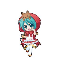  1girl animal_on_head apron aqua_eyes aqua_hair back_bow black_outline blush bow bracelet chibi chibi_only cosplay dress footwear_bow frilled_apron frilled_dress frills full_body game_asset hair_between_eyes hand_up hatsune_miku hatsune_miku_(mikuzukin) hatsune_miku_graphy_collection hood hood_up jewelry little_red_riding_hood_(fairy_tale_character) little_red_riding_hood_(fairy_tale_character)_(cosplay) looking_at_viewer on_head open_mouth outline red_bow red_dress red_shoes ribbon-trimmed_dress ribbon-trimmed_thighhighs ribbon_trim shoes short_hair short_sleeves smile solo standing thigh-highs transparent_background vocaloid white_apron white_thighhighs wolf 