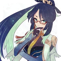  1girl ark_kan black_hair blue_eyes breasts closed_mouth commentary_request earrings genshin_impact glasses green_hair hair_between_eyes hair_ornament hair_stick jewelry long_hair looking_at_viewer medium_breasts ponytail red-framed_eyewear simple_background single_earring solo tassel tassel_earrings twitter_username upper_body xianyun_(genshin_impact) 