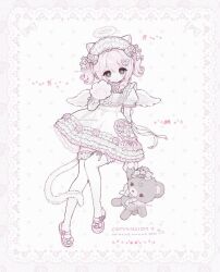  1girl animal_ears animal_hands aoimeow bib_collar bow bowtie cat_ears cat_girl cat_tail commentary commission dress expressionless flower frilled_dress frilled_thighhighs frills full_body gloves hair_bow hair_intakes hairband halo hand_up highres holding holding_stuffed_toy layered_sleeves lolita_hairband long_sleeves medium_hair original paw_gloves petticoat pink_flower pink_hair pink_rose pink_shoes puffy_short_sleeves puffy_sleeves rose shoes short_over_long_sleeves short_sleeves solo sparkling_eyes stuffed_animal stuffed_toy tail tareme teddy_bear thigh-highs untranslatable_commentary watermark white_background white_bow white_bowtie white_dress white_hairband white_halo white_sleeves white_thighhighs white_wings wings 