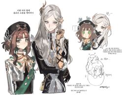  ! 2girls :< asymmetrical_gloves beret black_dress black_gloves black_hat bow bowtie chibi chibi_inset dress eagle_(reverse:1999) gloves green_eyes green_sash grey_eyes grey_hair grey_jacket hair_ornament hand_up hat ing_(ing205509) jacket korean_text looking_at_viewer lorentz_butterfly mismatched_gloves mole mole_under_eye multiple_girls reverse:1999 sash short_hair shoulder_sash silverwing_eagle smile speech_bubble spoken_exclamation_mark translation_request white_background yellow_bow yellow_bowtie yellow_gloves 