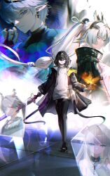  1boy 4girls absurdres arcane_(arknights) ardashir_(arknights) arknights arknights:_endfield black_hair black_jacket blue_eyes brown_hair chen_qianyu_(arknights) commentary dizzen endministrator_(arknights) english_commentary female_endministrator_(arknights) grey_hair highres holding horns jacket jewelry long_hair looking_at_viewer multiple_girls open_clothes pantyhose perlica_(arknights) pointy_ears shirt short_hair white_hair 