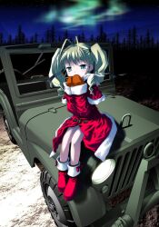  1girl aino_pekonen antenna_hair aurora black_ribbon blue_eyes blush boots breath brown_mittens capelet car coat commentary_request covering_own_mouth forest fur-trimmed_boots fur-trimmed_capelet fur-trimmed_coat fur-trimmed_sleeves fur_trim green_car green_hair hair_ribbon highres kokoro_navi kurosu_tsugutoshi medium_hair mittens motor_vehicle mountainous_horizon nature night on_car outdoors red_boots red_capelet red_coat ribbon sitting smile solo star_(sky) toggles twintails 