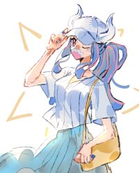  1girl alternate_costume alternate_hairstyle bag baseball_cap blue_hair blue_nails blue_sky commentary cowboy_shot hat hat_tip horns long_hair looking_at_viewer lowres mask mouth_mask multicolored_hair one_eye_closed one_piece pink_eyes pink_hair ponytail raine_(acke2445) shirt shoulder_bag sky solo two-tone_hair ulti_(one_piece) untranslatable_commentary white_shirt 